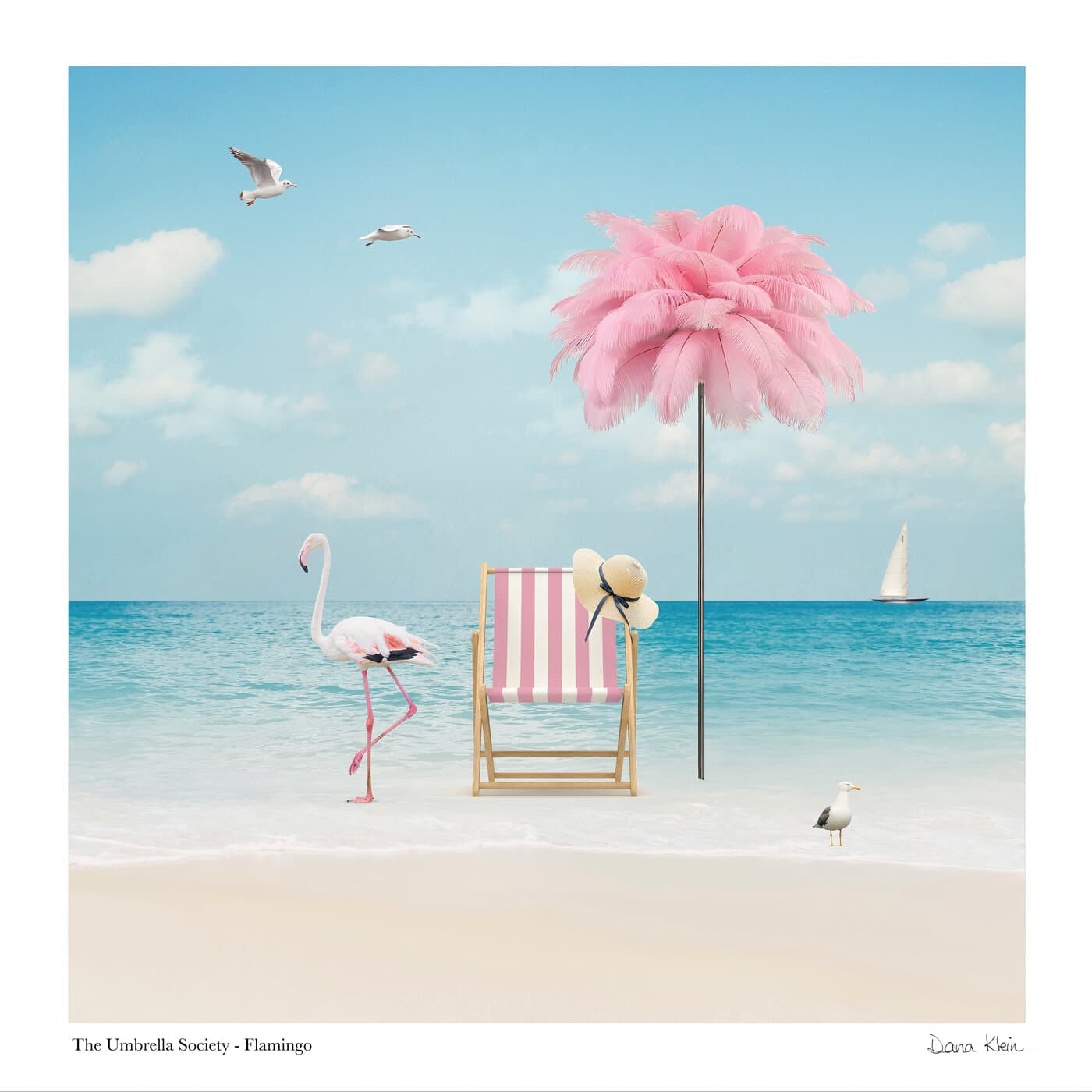 Flamingo — whimsical animal fine art print with pink feather umbrella by Dana Klein Creative, Park City Utah