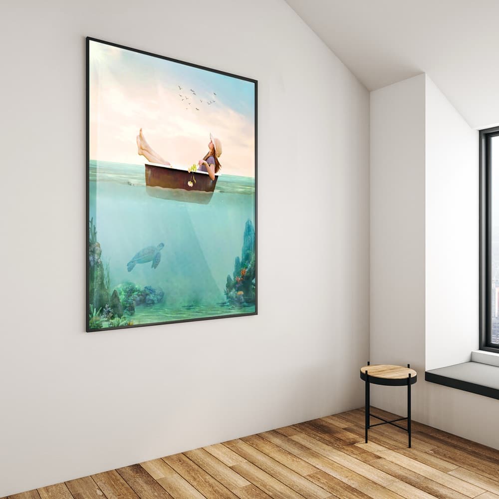 Dana Klein composite portrait displayed as large wall art in a living room