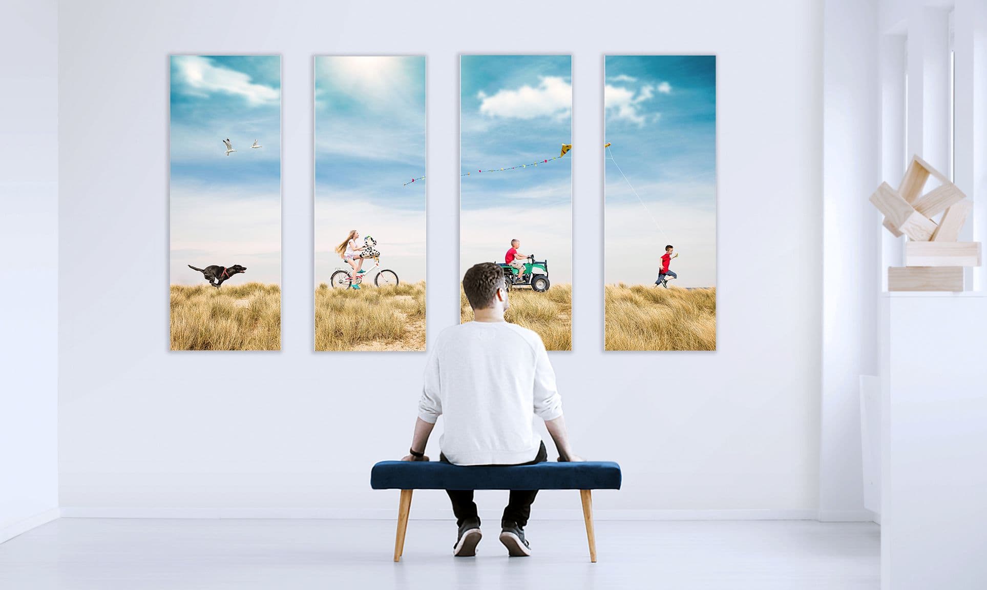 Dad with kids and family dog portrait series displayed in the home — Dana Klein family portrait photography, Park City Utah