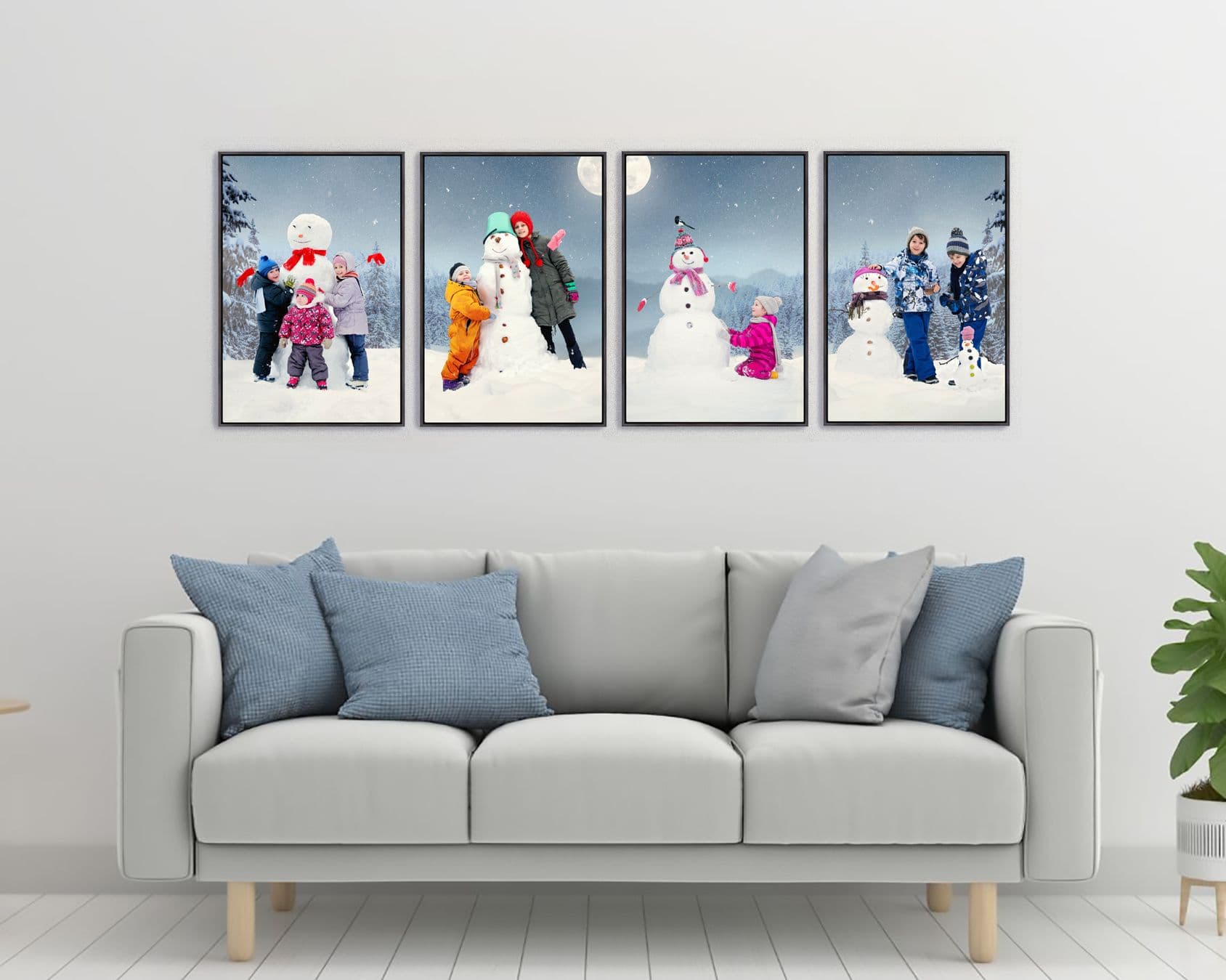 Grandkids snowman series of four framed portraits above a couch — Dana Klein family portrait photography, Park City Utah